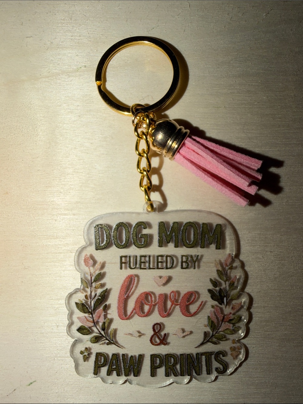 Dog Mom Acrylic Keychain with Pink Tassel Floral (HANDMADE)